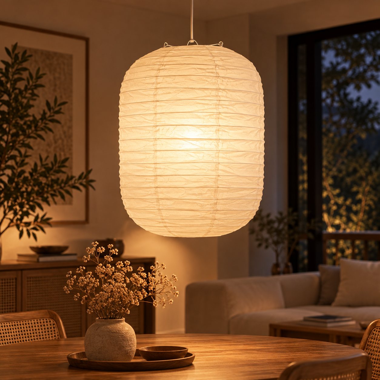 Abat-jour Japonais en Papier Blanc – Suspension Cylindrique