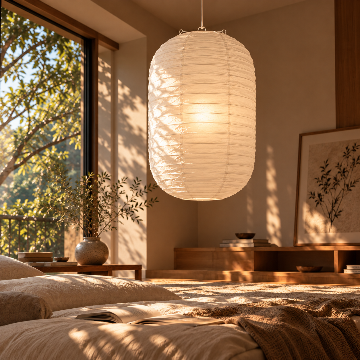 Abat-jour Japonais en Papier Blanc – Suspension Cylindrique