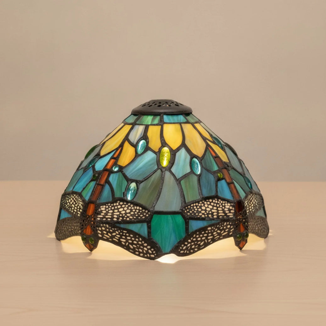 Abat-jour Libellule Verre Teinté Jaune Et Bleu 20,3cm