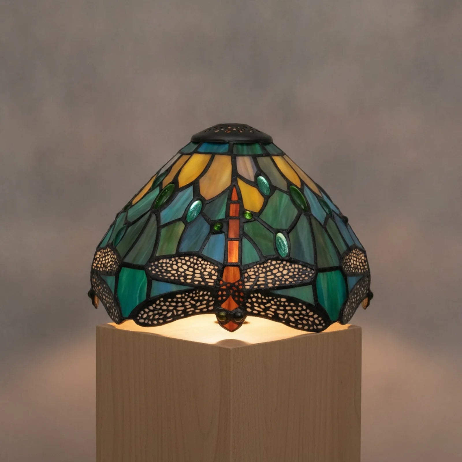 Abat-jour Libellule Verre Teinté Jaune Et Bleu 20,3cm