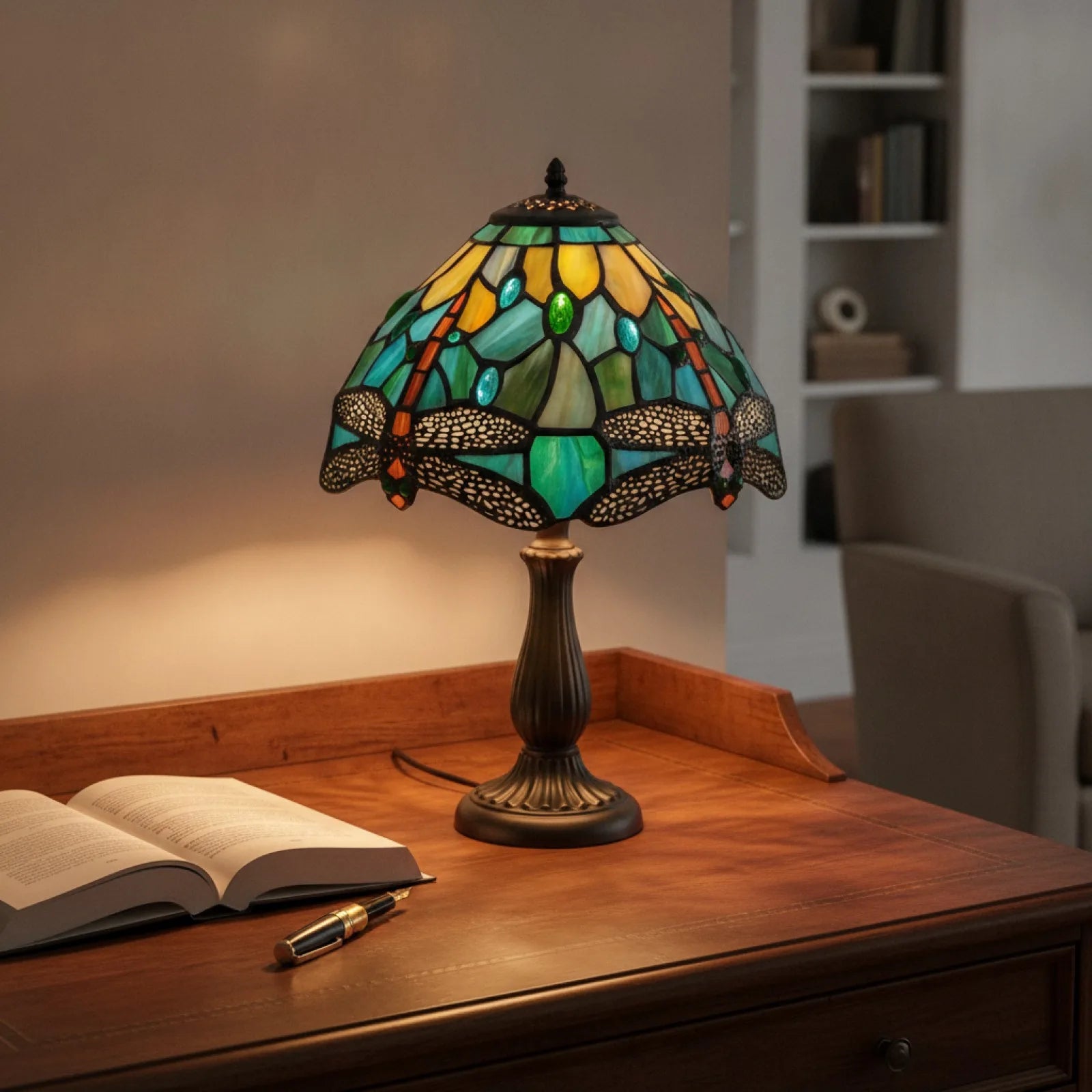 Abat-jour Libellule Verre Teinté Jaune Et Bleu 20,3cm