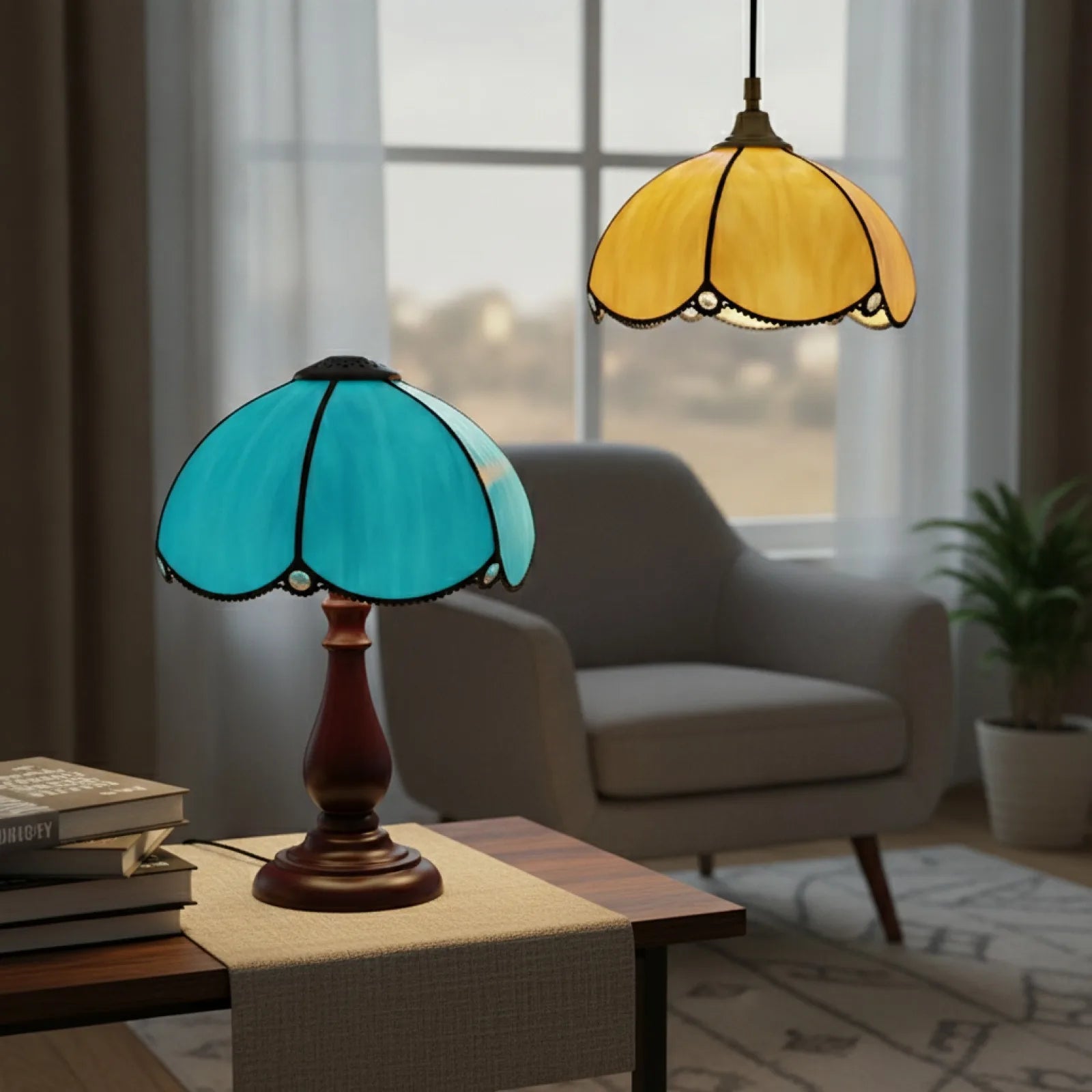 Abat-jour Style Tiffany 20cm Bleu ou Jaune